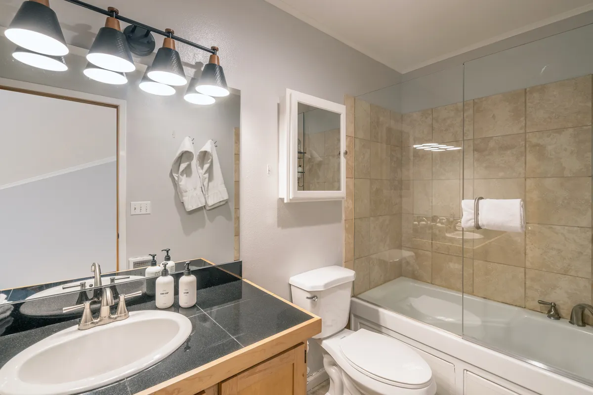 A modern, inviting bathroom featuring a spacious sink and countertop, a relaxing bathtub, a glass-enclosed shower, and tasteful lighting. The layout is both functional and soothing, ideal for busy mornings or unwinding after Telluride adventures.