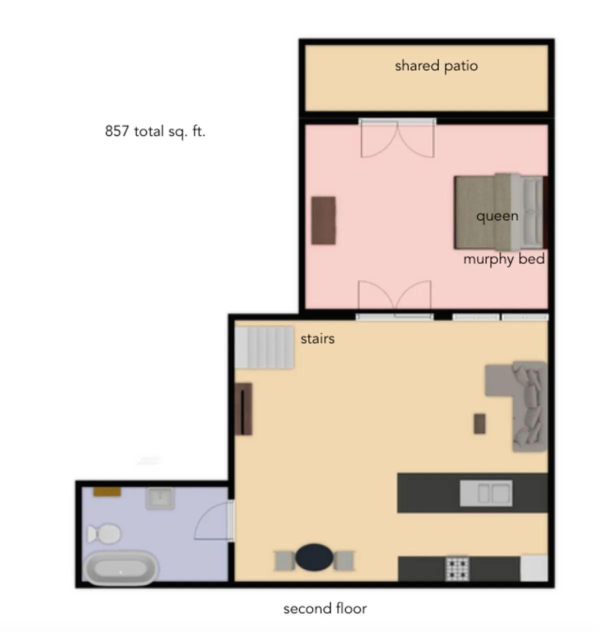 This image captures an inviting and functional interior, with a view of the living area that features a shared patio, a queen bed, a murphy bed, a staircase, and, importantly, an open sightline into the kitchen area. The space is designed for cooking, entertaining, and enjoying meals with family or guests, aligning with the section's emphasis on culinary comfort and shared experiences.